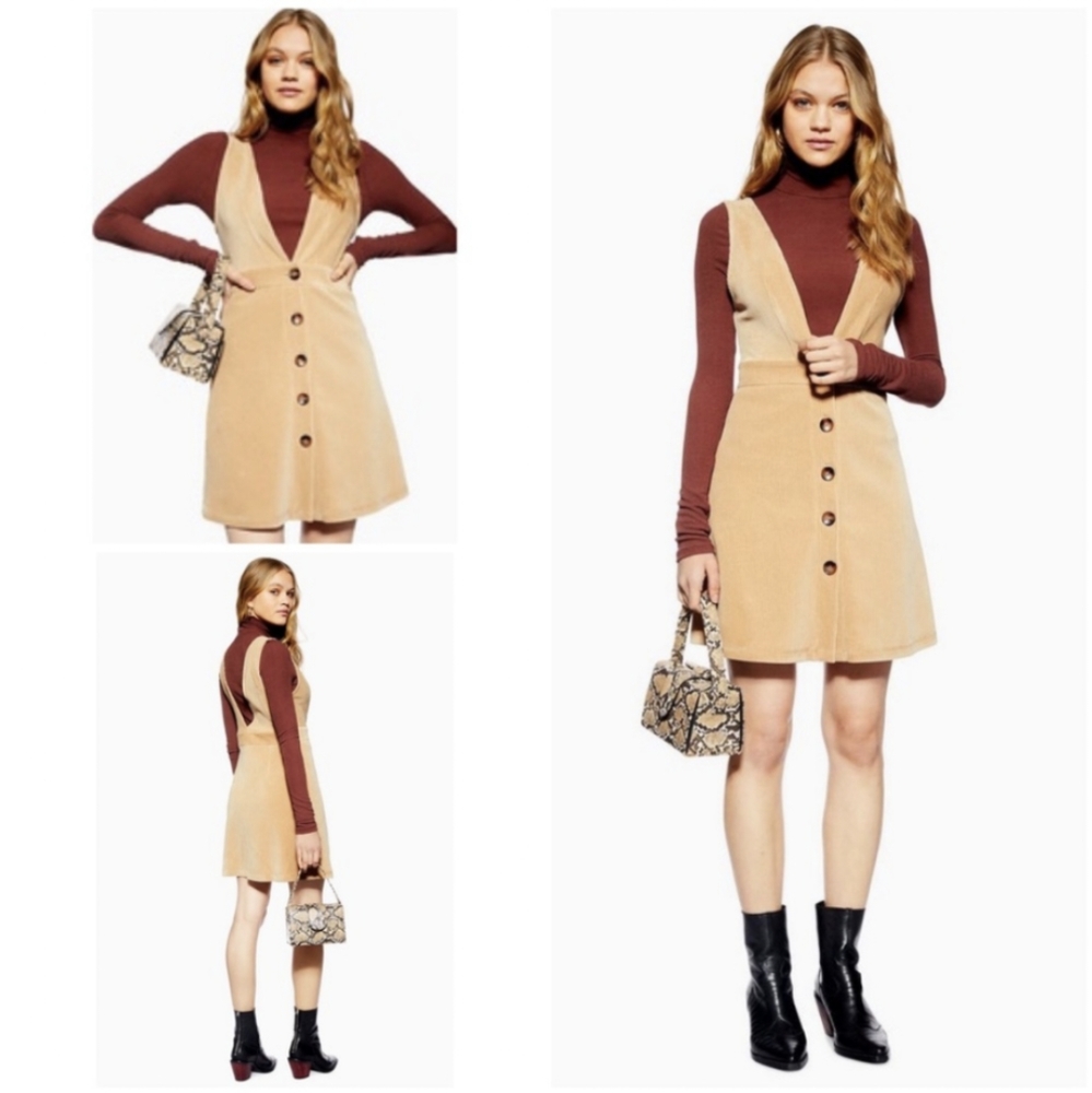 NWT Topshop Corduroy Pinafore Overall Tan Dress 8